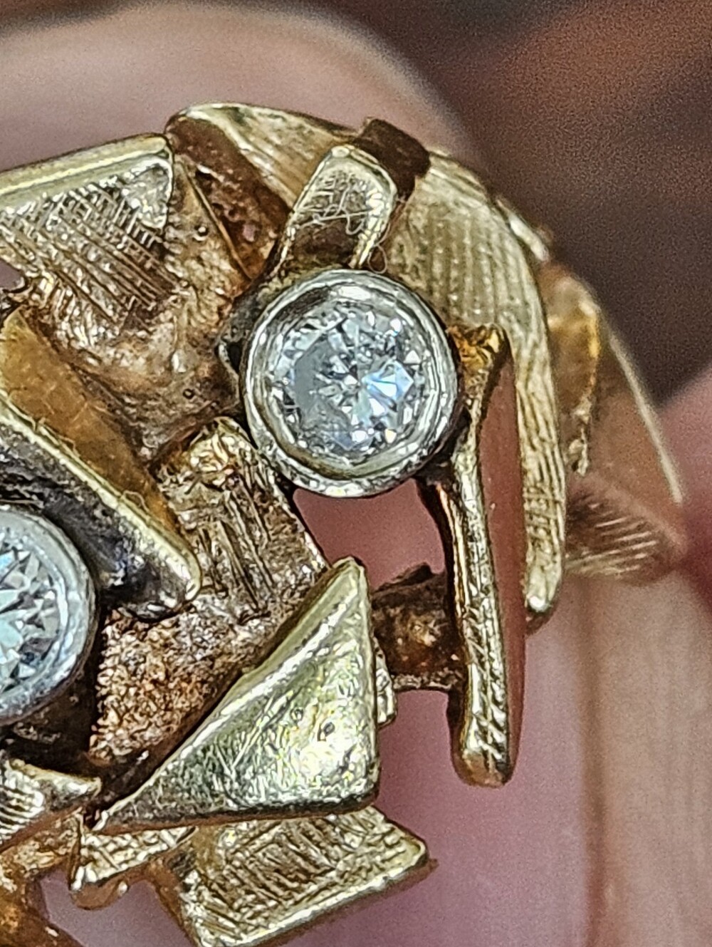 Vintage European Solid 14k 585 MCM Brutalist 3 Stone Diamond Nugget Ring - Picture 10 of 11